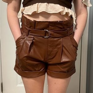 Madden NYC Juniors Brown Paperbag High Rise Waist Faux Leather Shorts